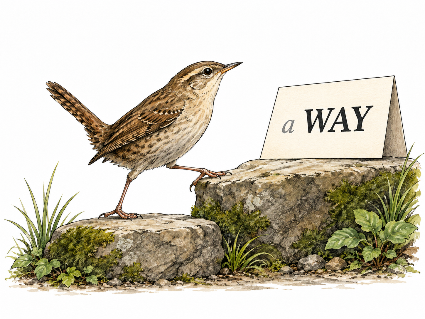 A poetry card displays exactly "a WAY" with small light first syllable and bold dark second syllable; one rising rhythmic pair, no extra text.
