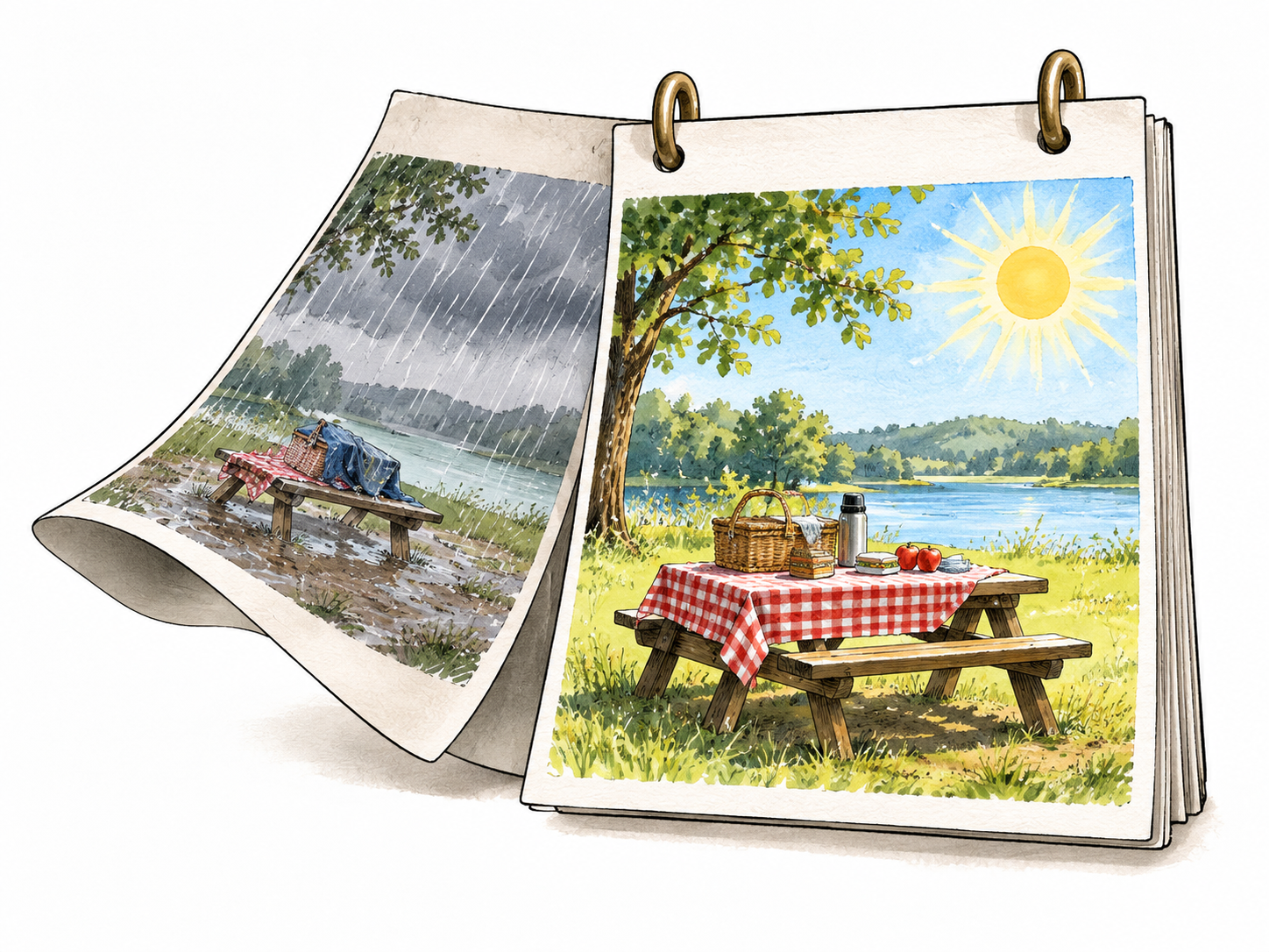 Two adjacent calendar leaves, a curled previous leaf shows a rainy picnic and the current upright leaf shows bright sun; yesterday as preceding day, no text.