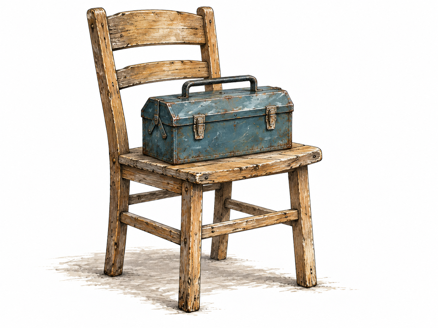 A scuffed but sturdy old wooden chair supports a toolbox securely; worn yet fully functional.