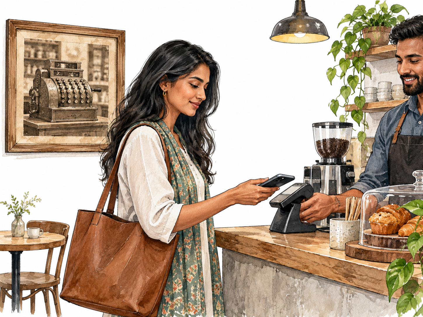 A modern South Asian woman paying with her phone in a cafe, an old sepia photograph of a cash register on wall contrasts present with past, no lettering.