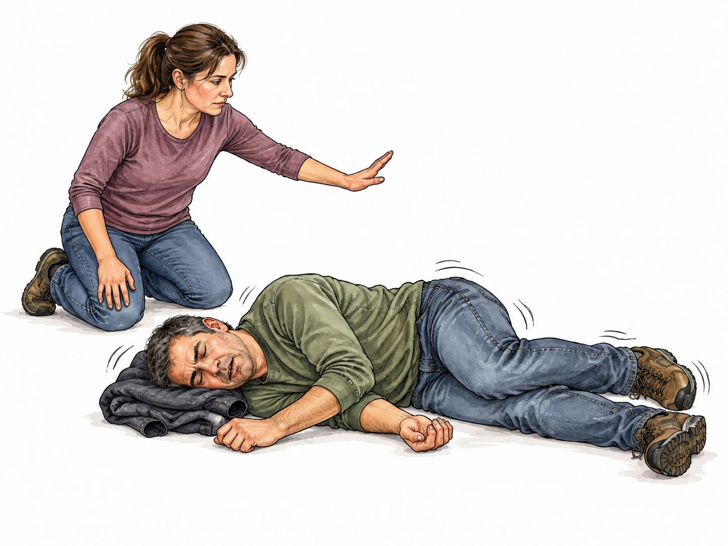 Adult in a seizure lying safely on side with a folded jacket under head and concerned caregiver keeping area clear, no restraint or object in mouth, educational restrained.