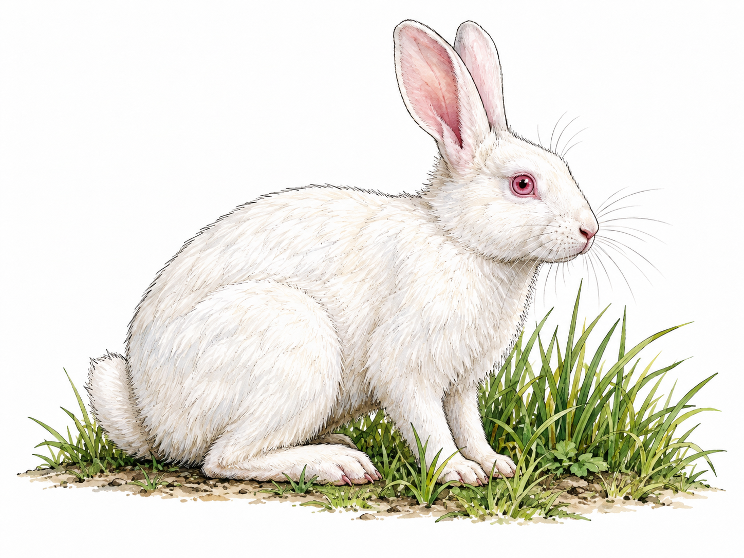 A natural albino rabbit with white fur and pink eyes beside green grass.