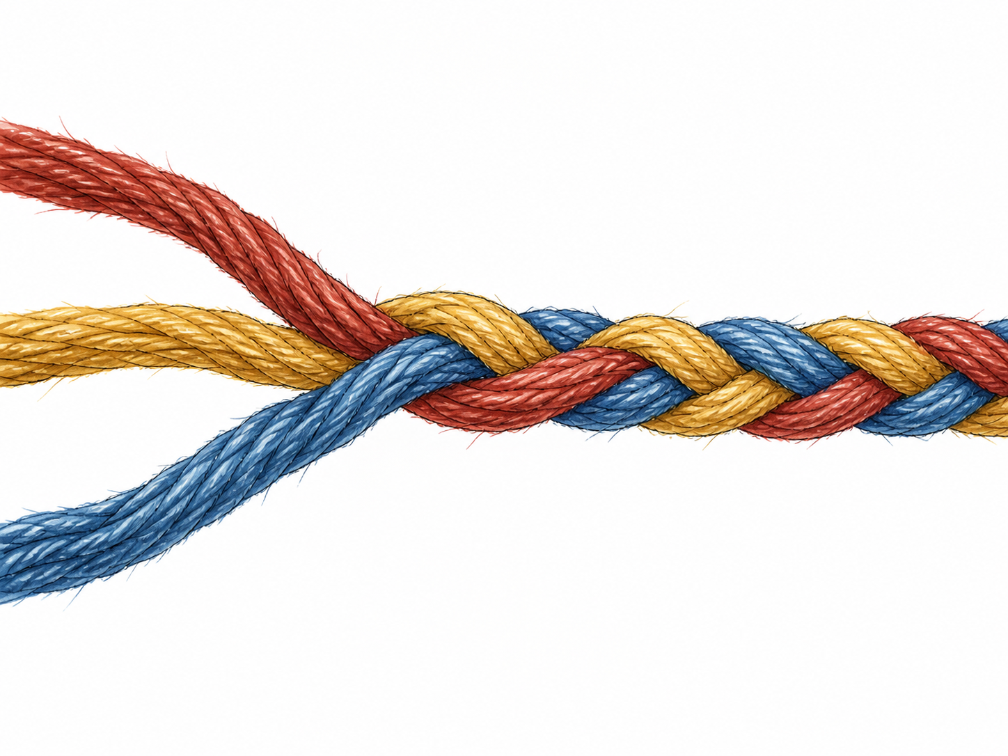 Three streams of colored yarn braided into a single multicolored cord, distinct strands joining in one whole.