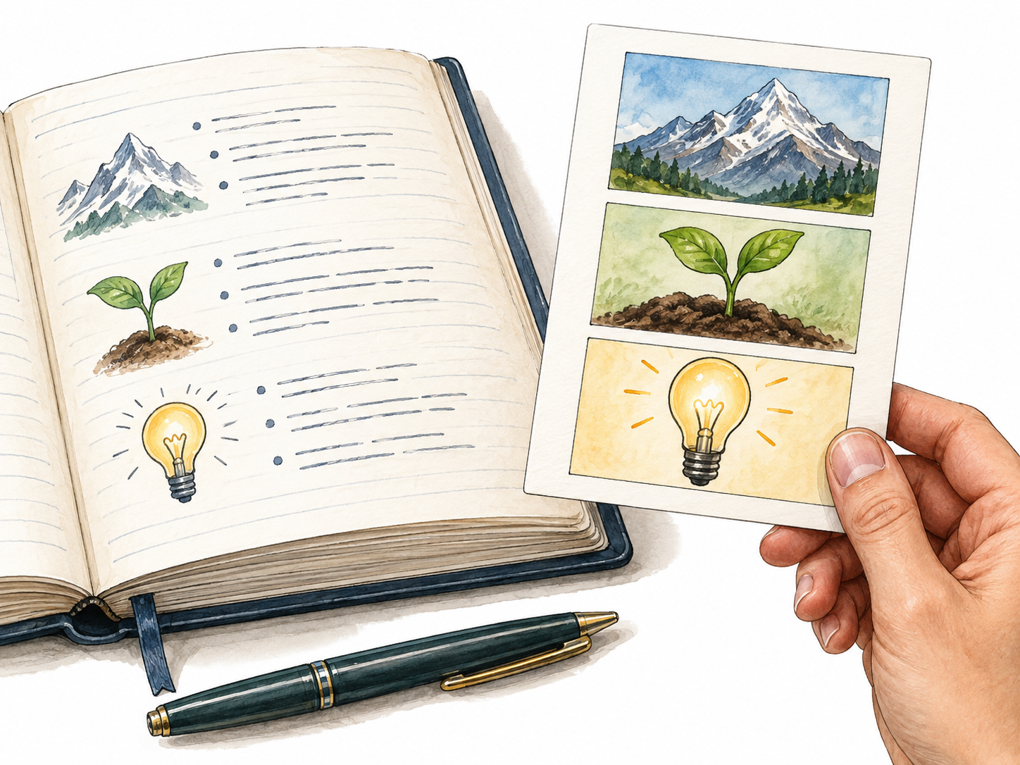 A compact three-image visual summary card beside a thick open notebook, overview captures key points, no letters.