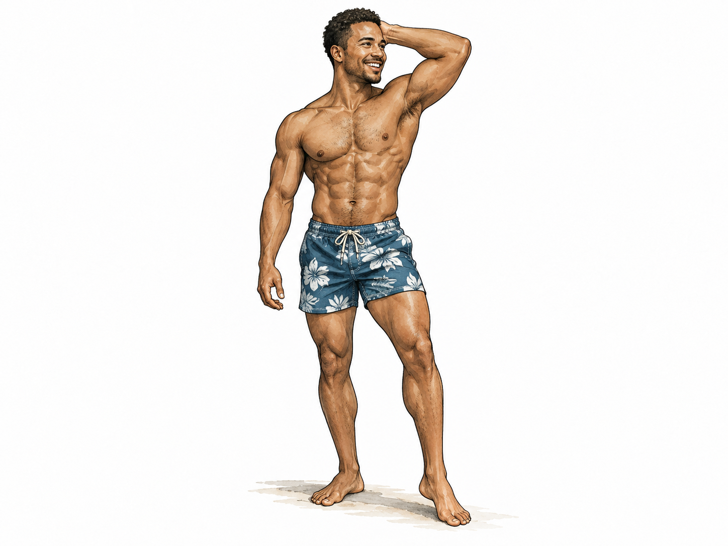 An athletic adult man with medium-brown skin in swim trunks poses for a tasteful fitness photography session, fullbody, nonexplicit.