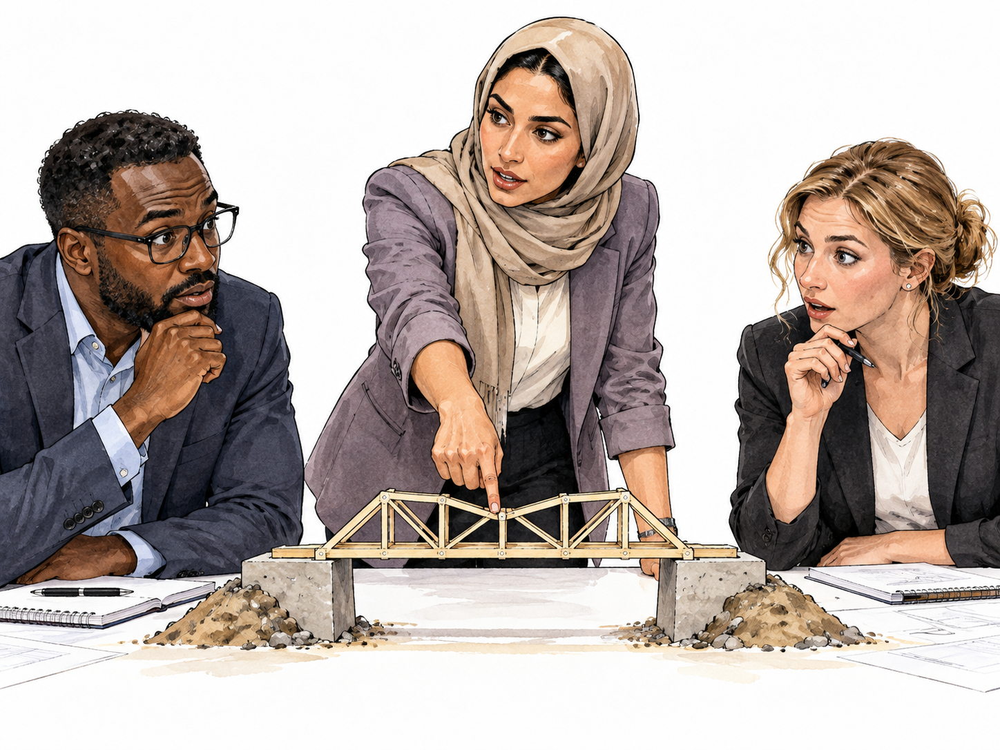 Engineer makes an incisive point about a bridge model.