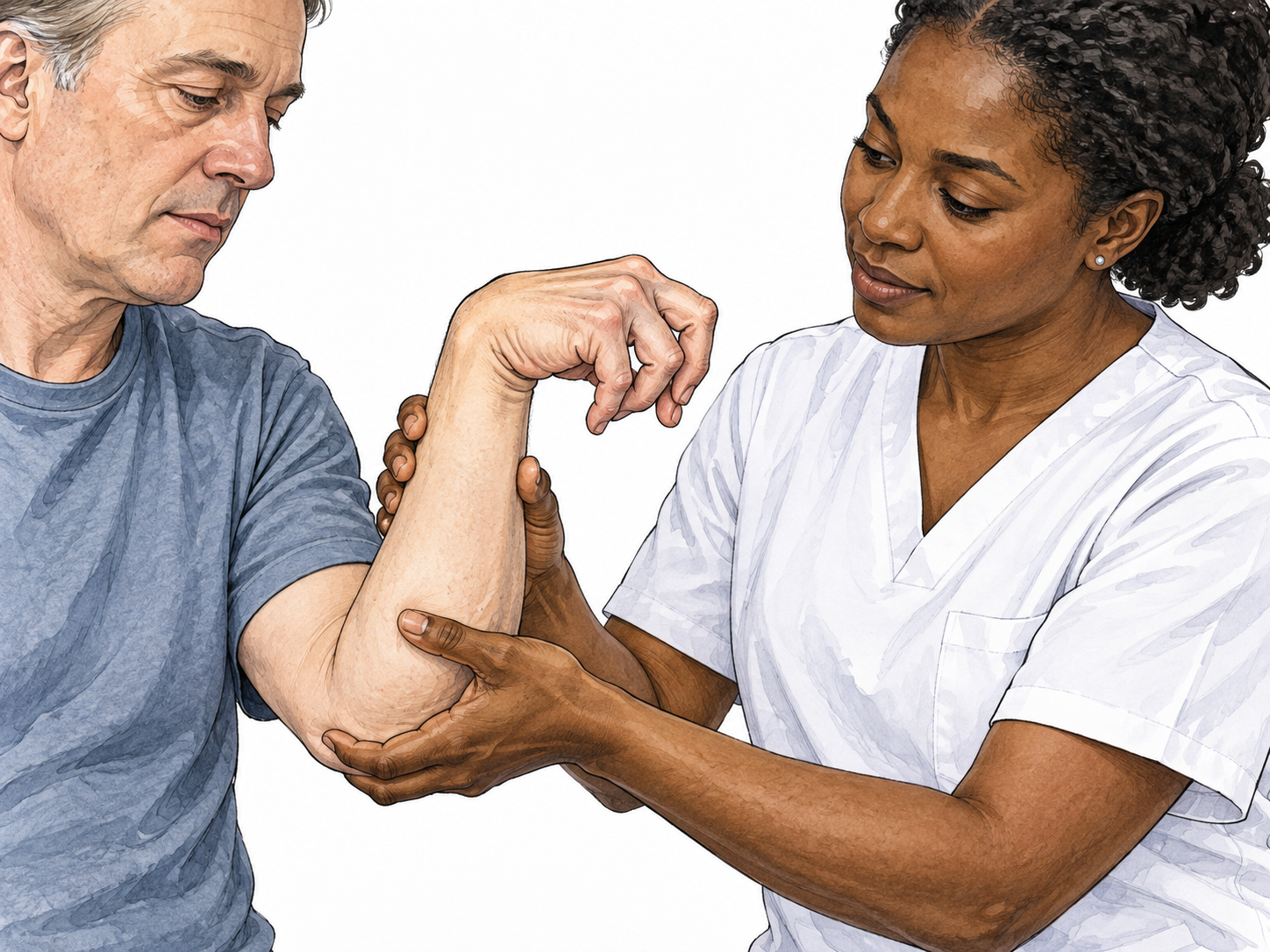 A respectful clinical close-up of a person's hand held in involuntary flexion while a therapist gently supports the wrist; no caricature.