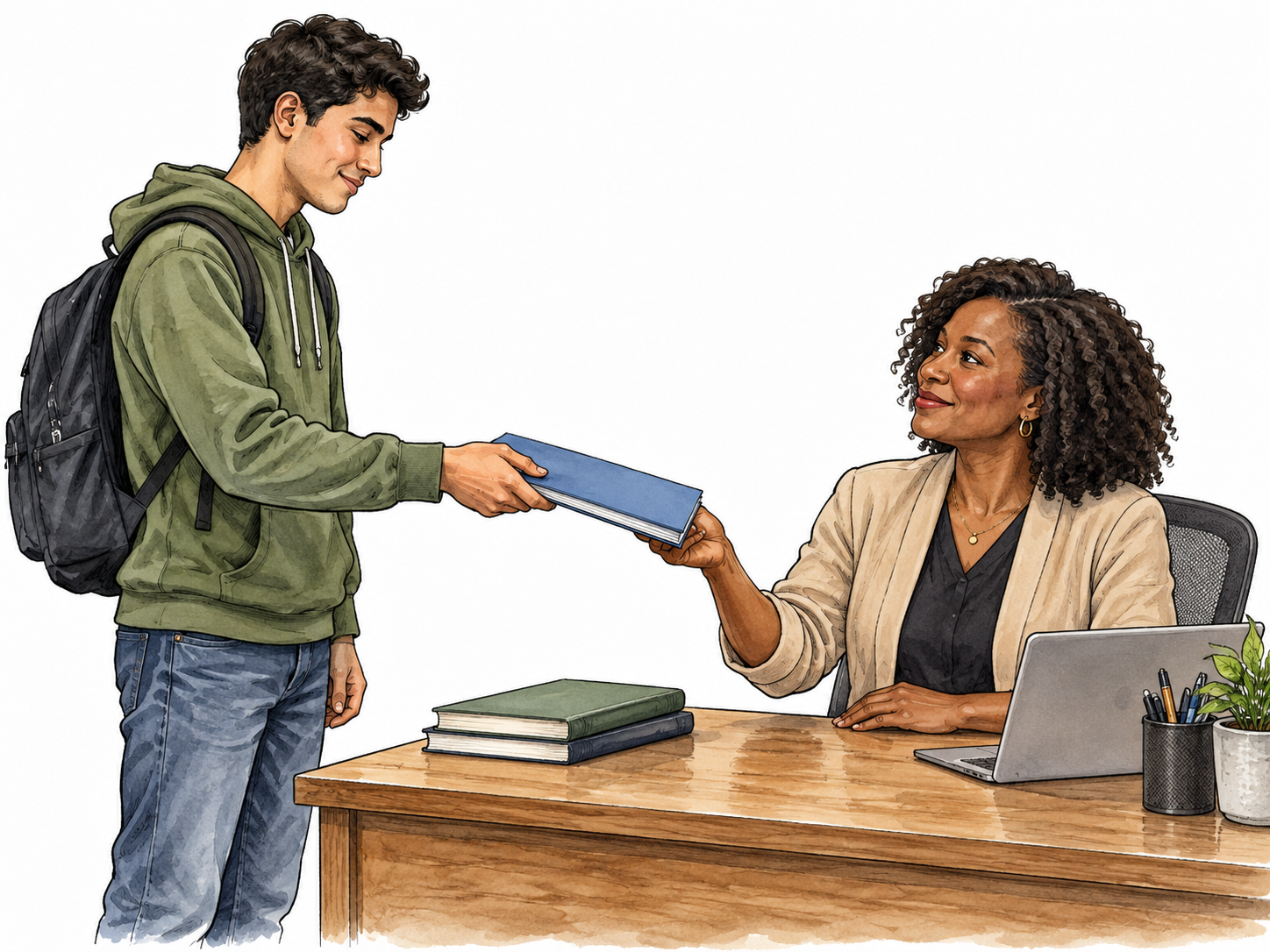 A student hands a finished report folder to a teacher across a desk.