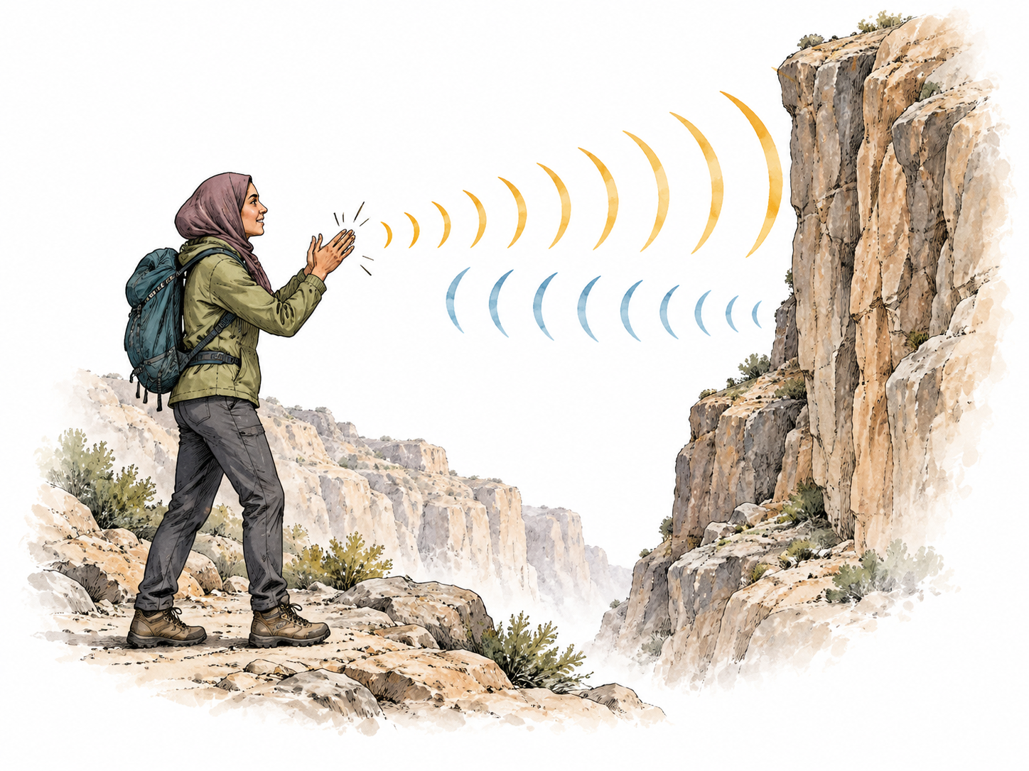 Middle Eastern hiker claps and hears reflected sound.