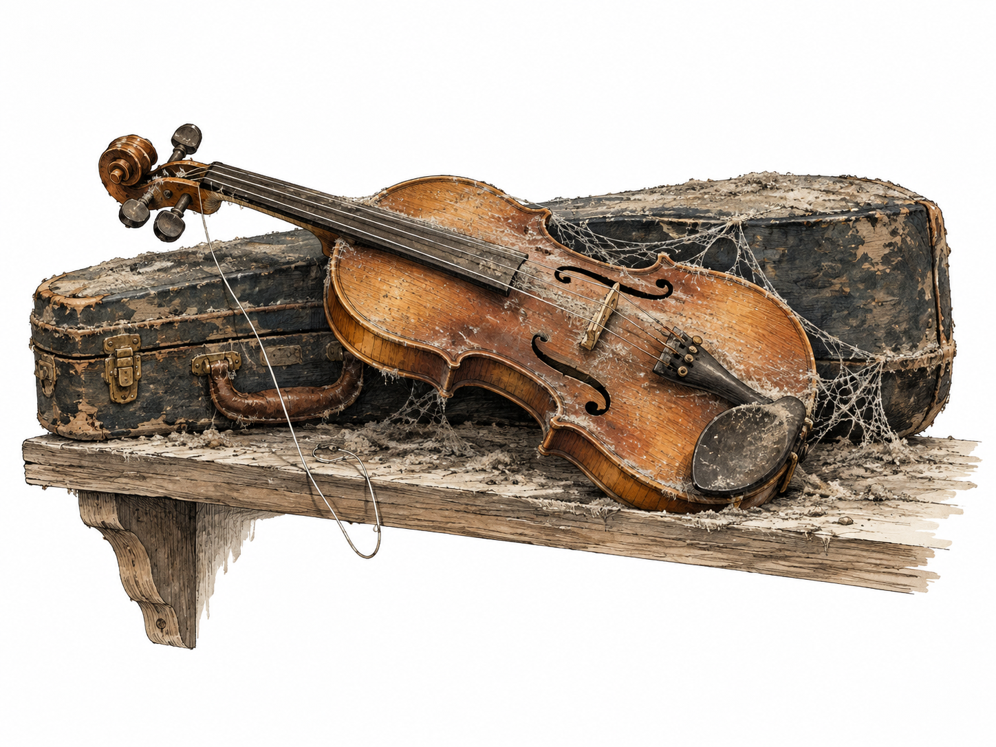 Violin long neglected on dusty shelf.