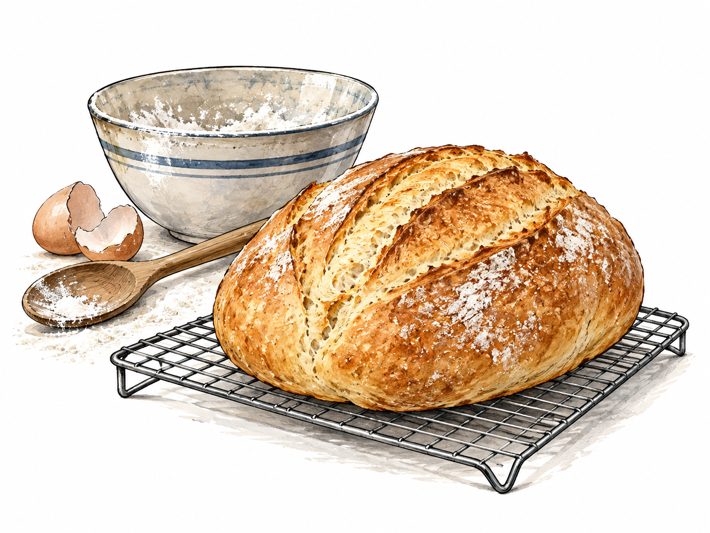 Finished bread beside used mixing utensils and ingredients.