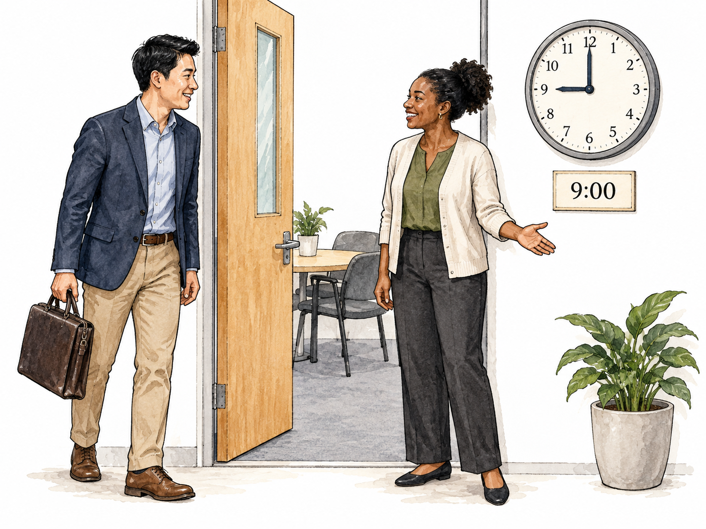 Man arriving at a meeting at nine, matching the scheduled time.