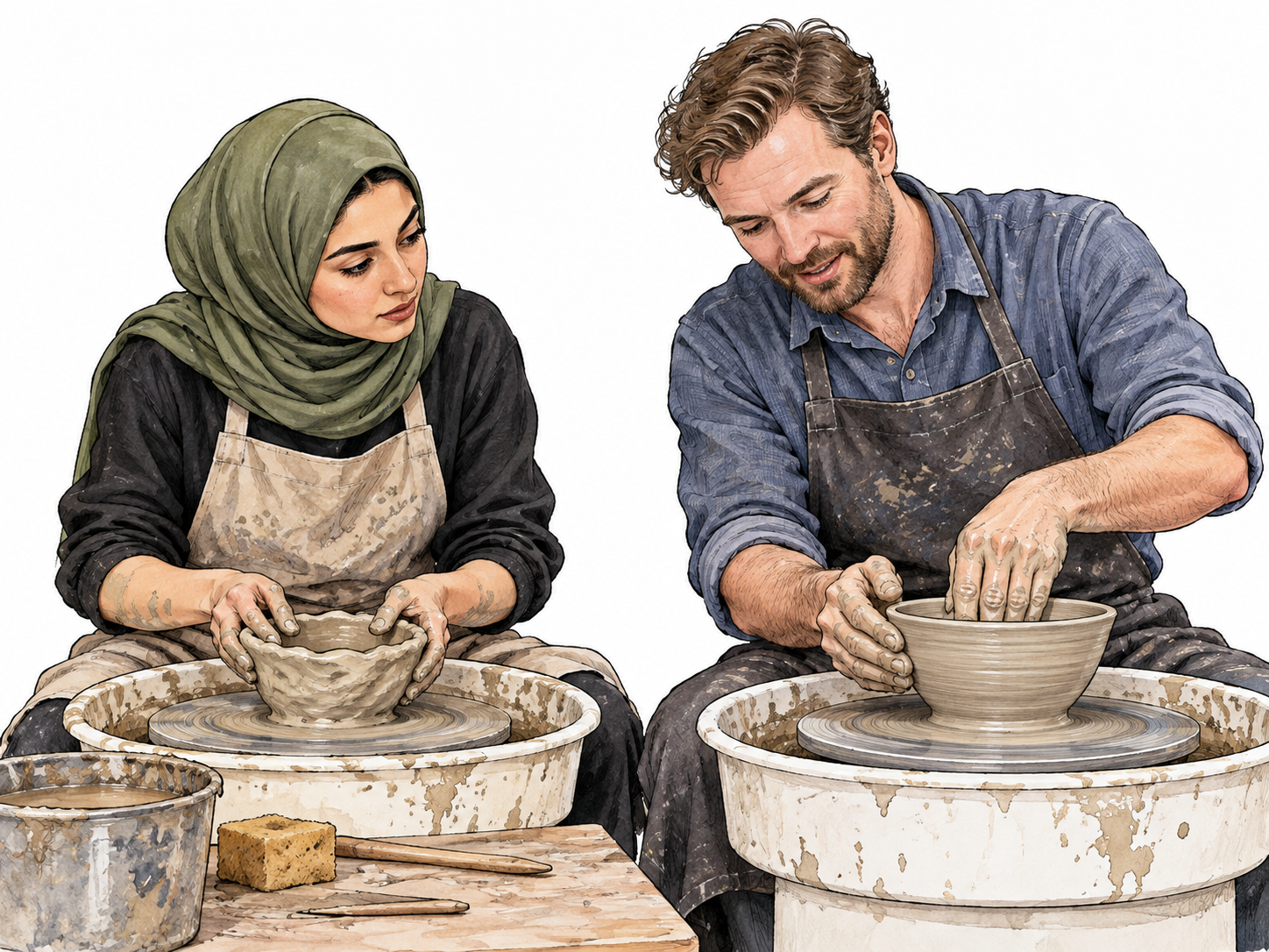 A beginner potter shapes an uneven clay bowl while carefully watching an instructor's demonstration.