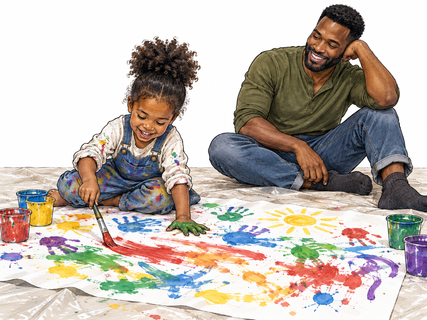 A relaxed parent allows a child to paint freely on large paper spread across a protected floor, many colors and joyful exploration.