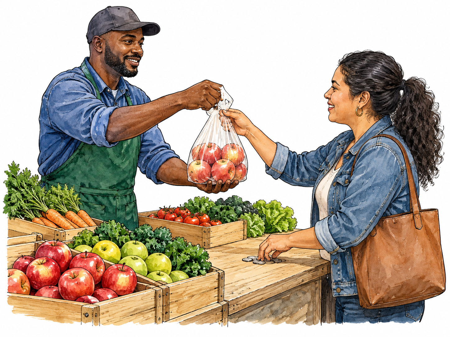 Buying produce illustrates commerce.
