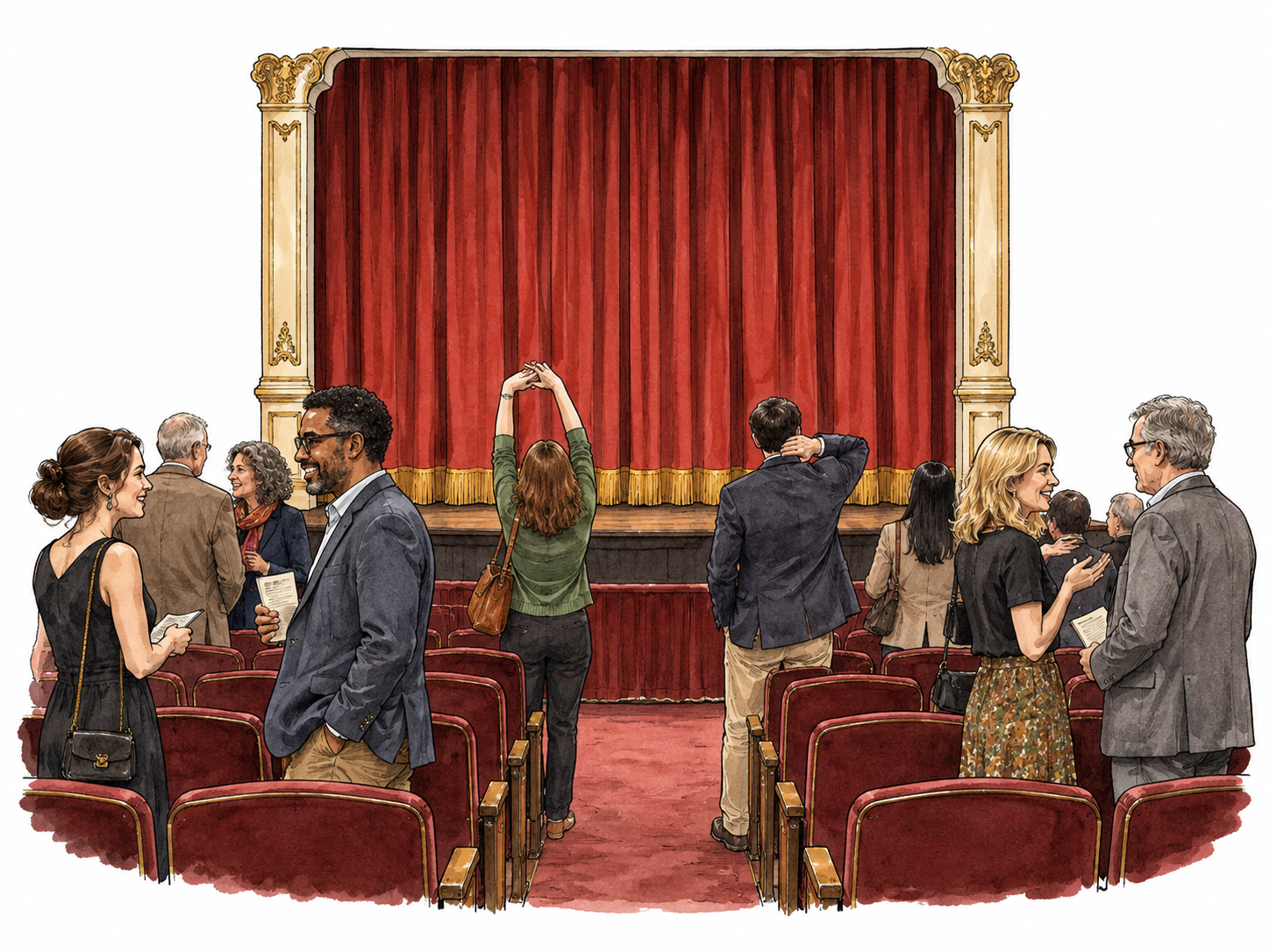 Theater stage with curtain closed, audience members stretching and chatting beside their seats during a break.