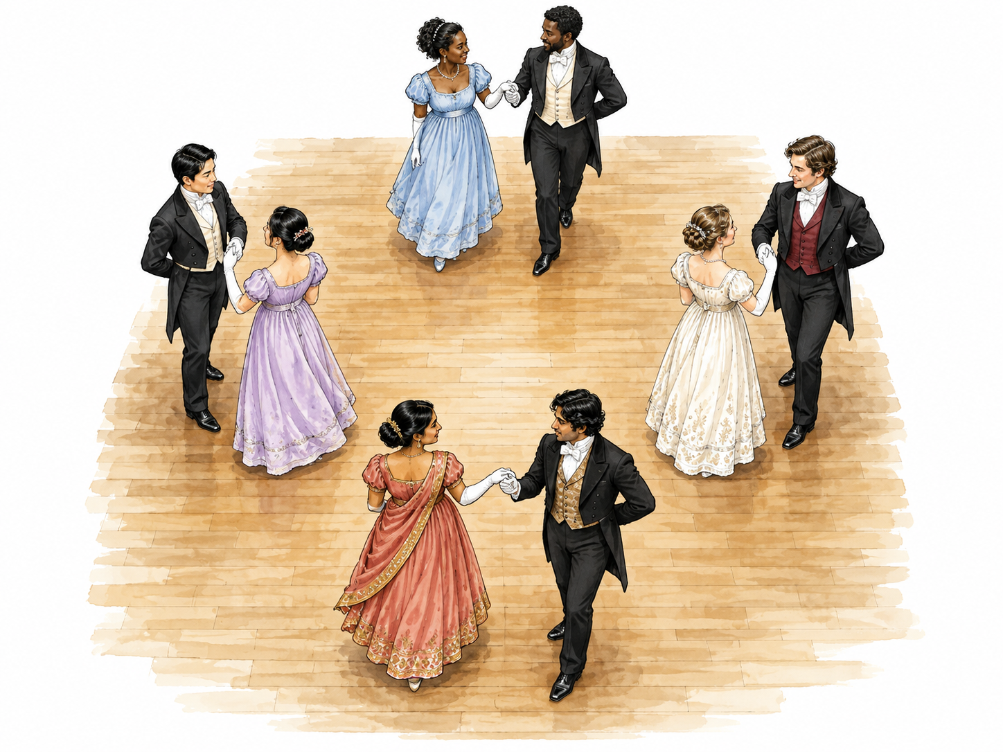 Four couples perform formal square dance.