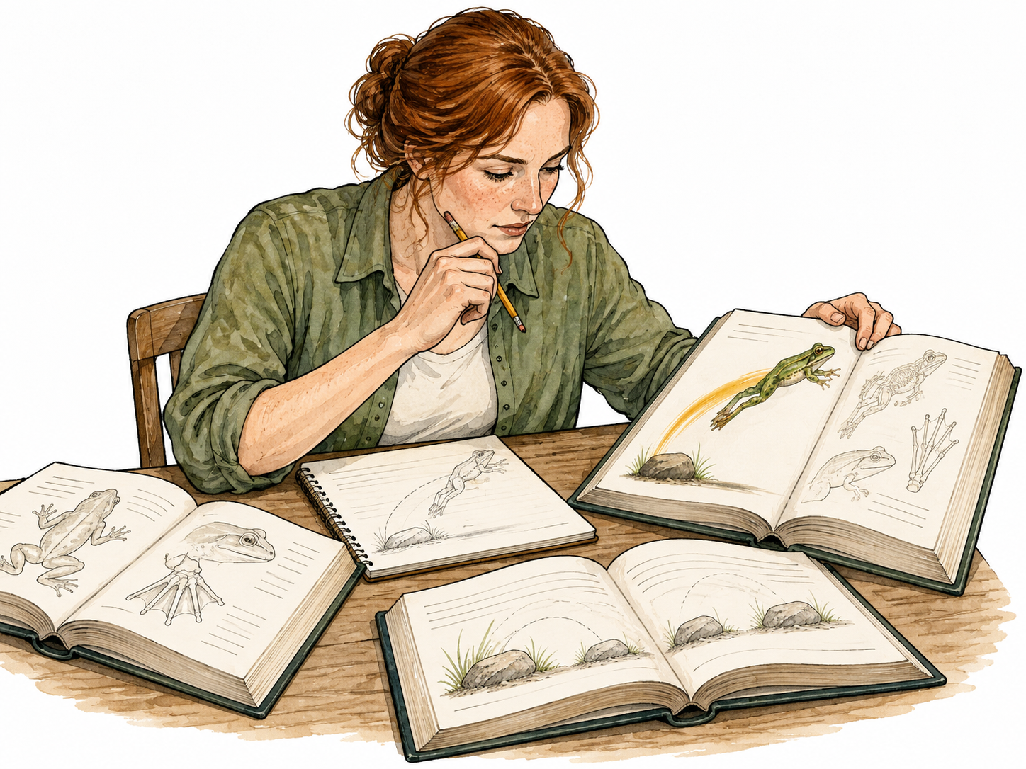 White woman diligently comparing reference books.