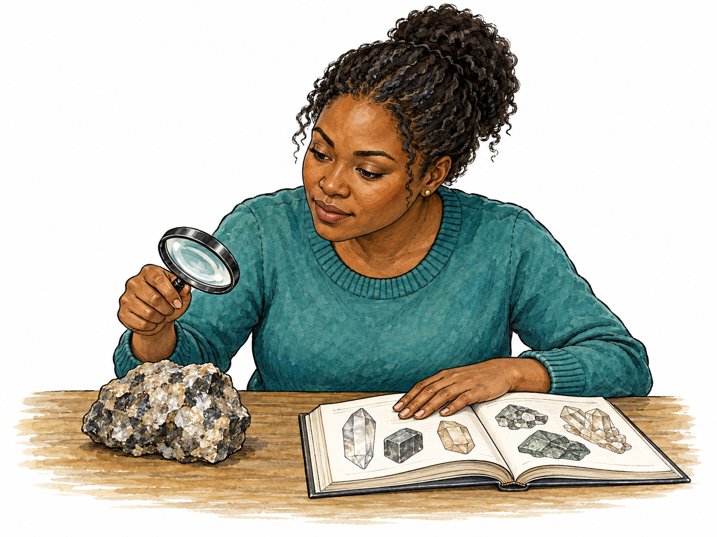 Black woman investigating rock beside geology book.