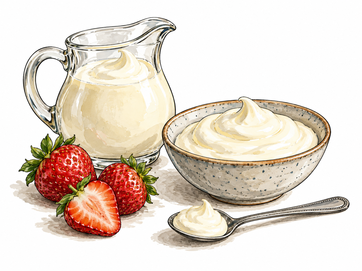 Thick dairy cream in jug and bowl with strawberries.