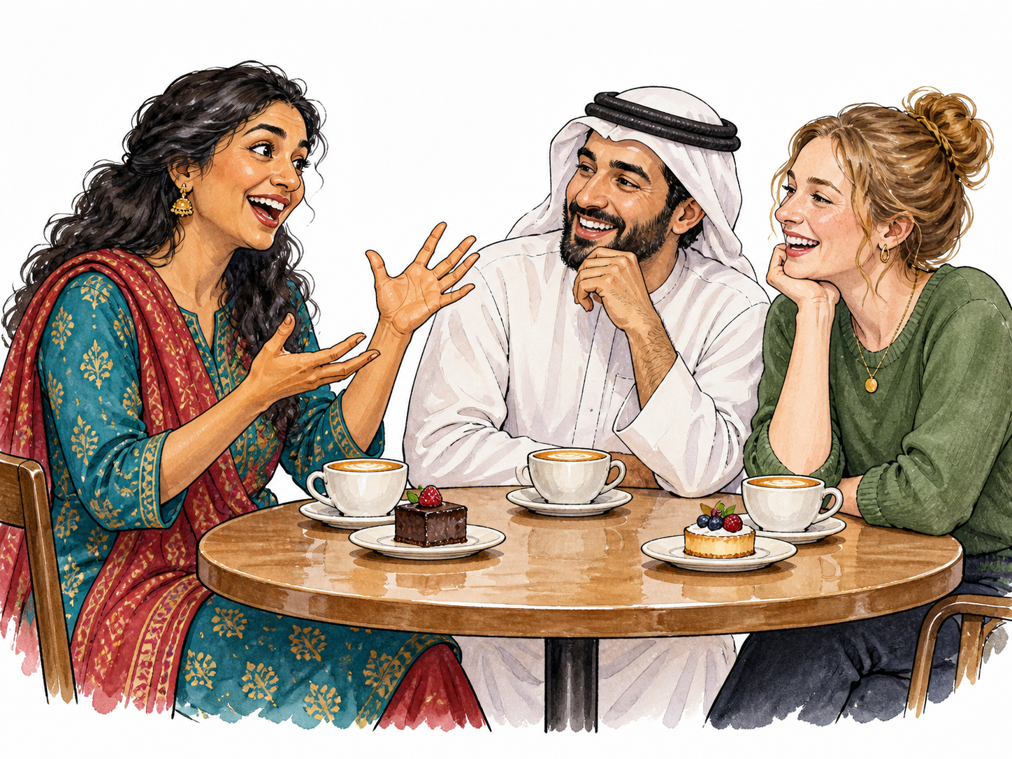 Animated storyteller entertaining two laughing friends.
