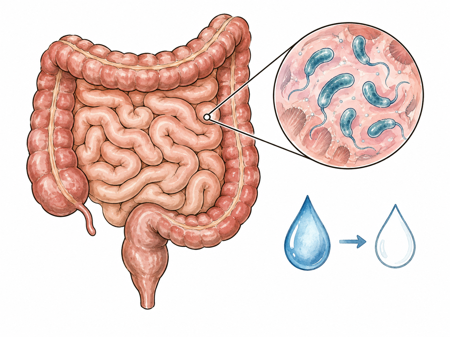 Intestinal illness with comma-shaped bacteria and fluid-loss symbol.