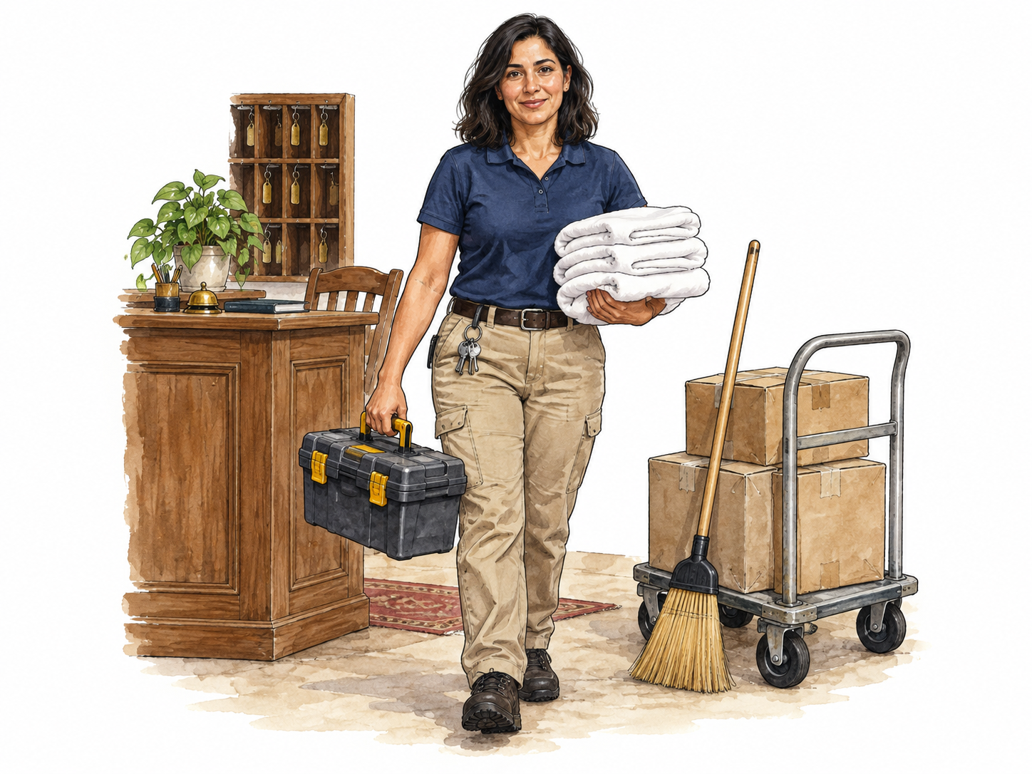 Inn employee equipped for repairs, linens, parcels and cleaning.