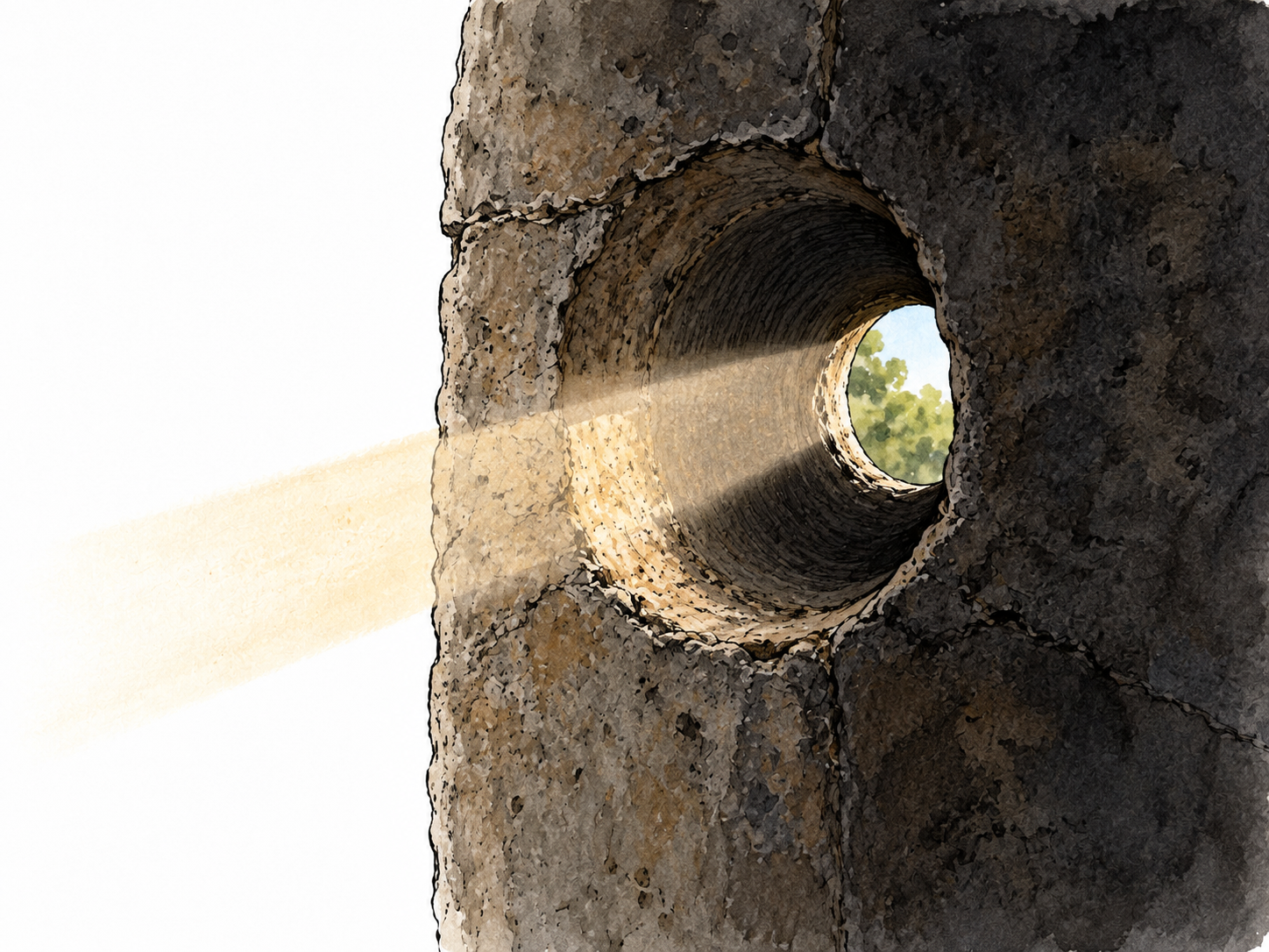 Close view through the small round opening in a dark wall: a narrow shaft of daylight crosses the aperture into shadow.