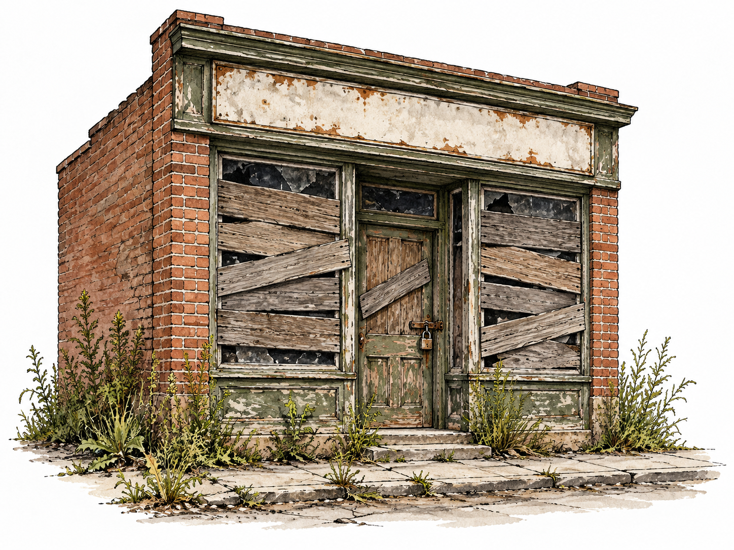 Closed abandoned small shop, boarded windows, faded empty sign, weeds at the doorstep, conveying the end of a business.