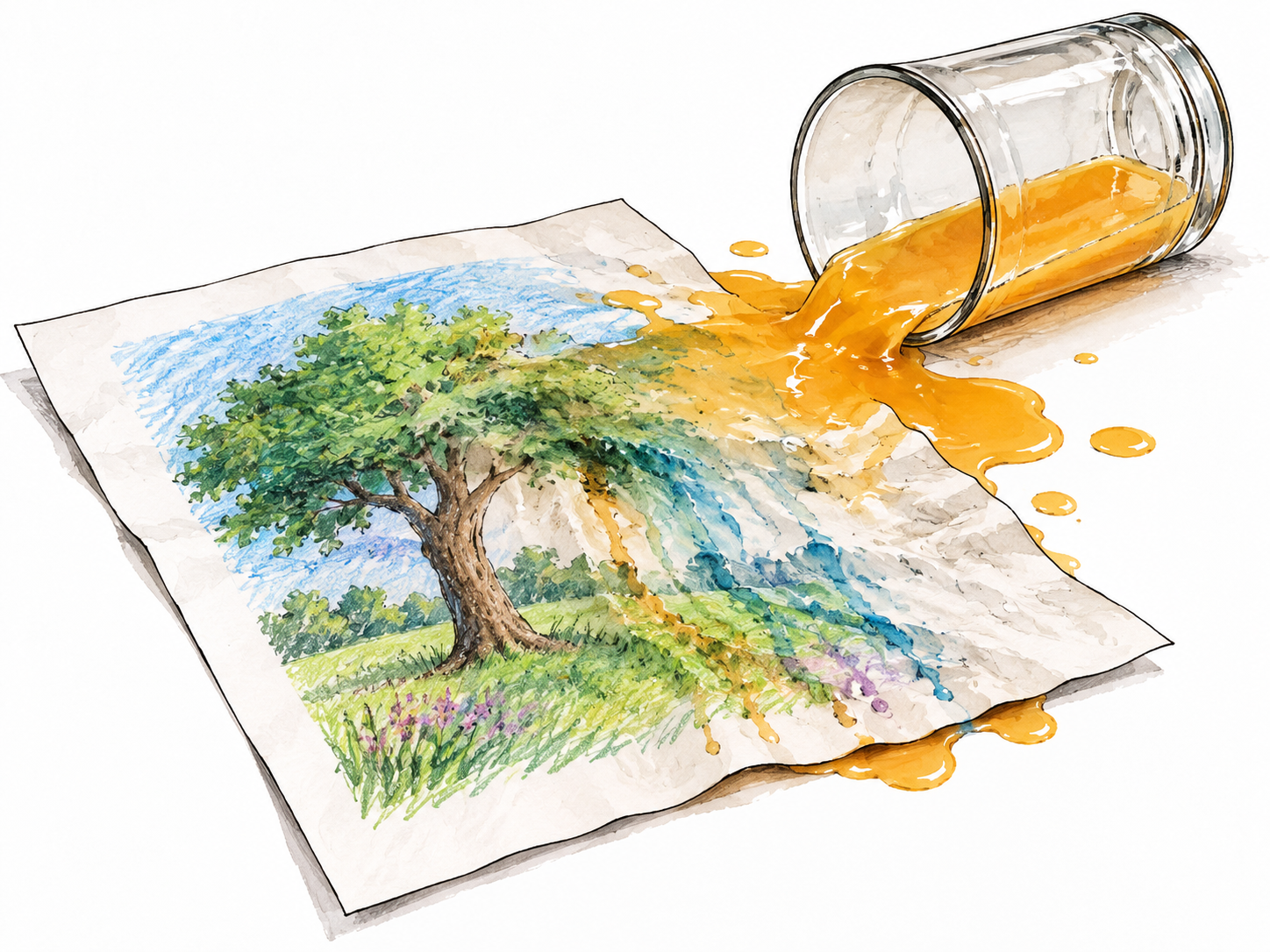 A glass of spilled juice soaks a carefully completed drawing, colors running and paper buckling.