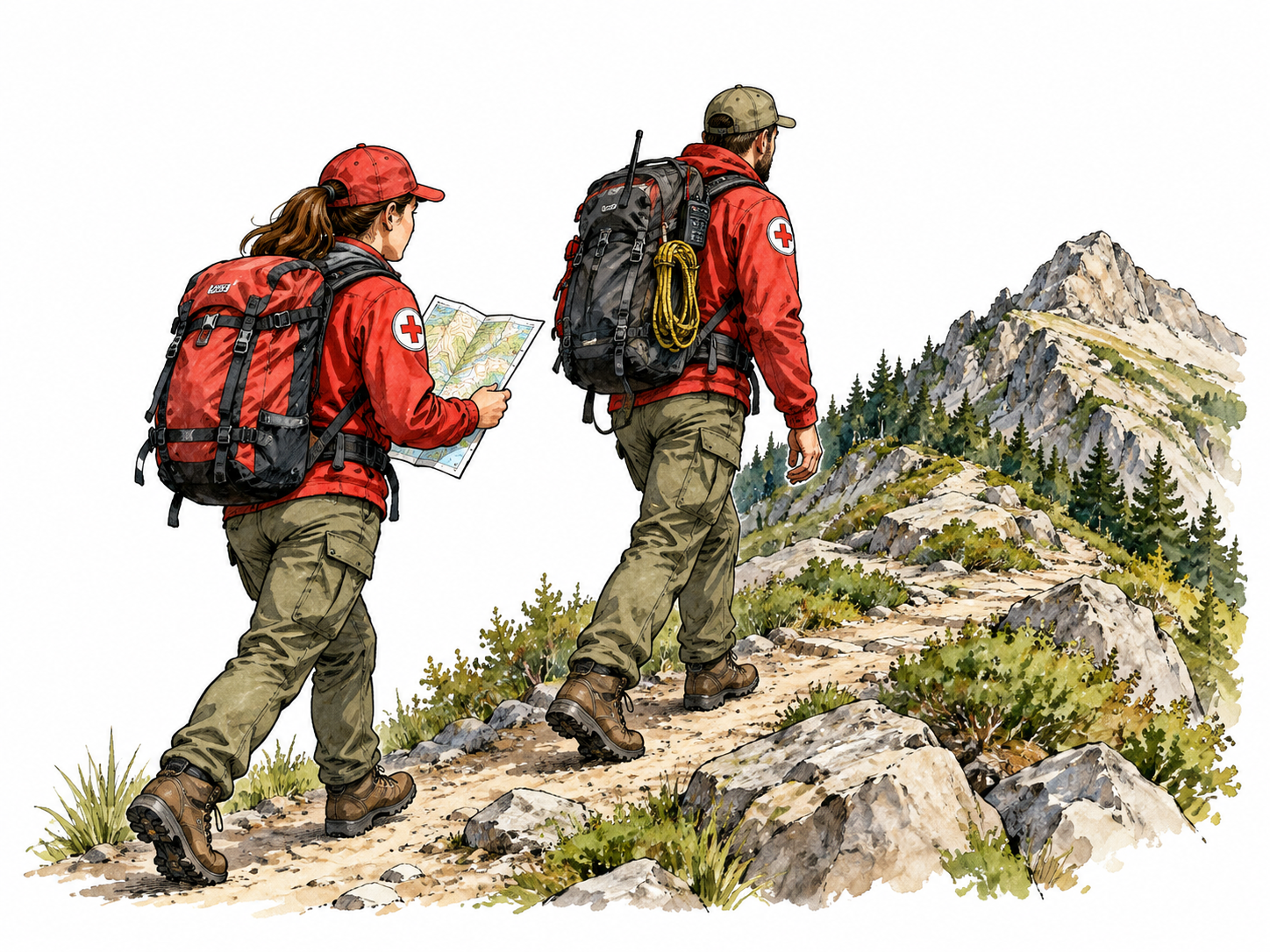 Two rescue workers with a map and backpack set off toward a mountain path on a search mission.