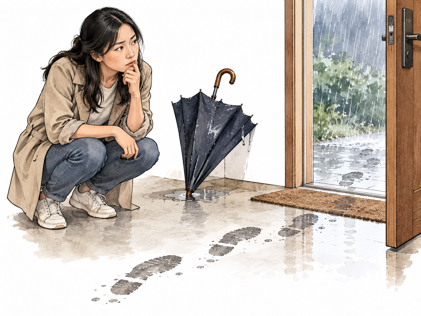A person studies wet footprints by an open umbrella and looks thoughtfully toward the rainy doorway, inferring what happened.