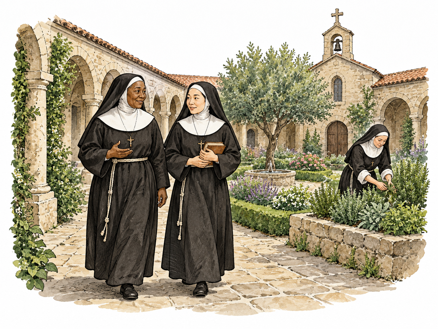 Mixed group of nuns in residential cloister.