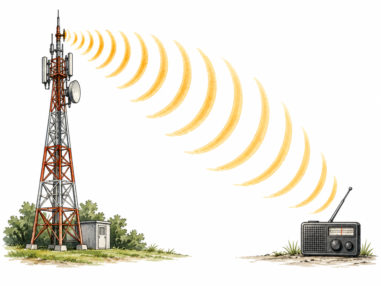 A radio antenna sends curved signal waves toward a distant small receiver; restrained clean educational illustration.