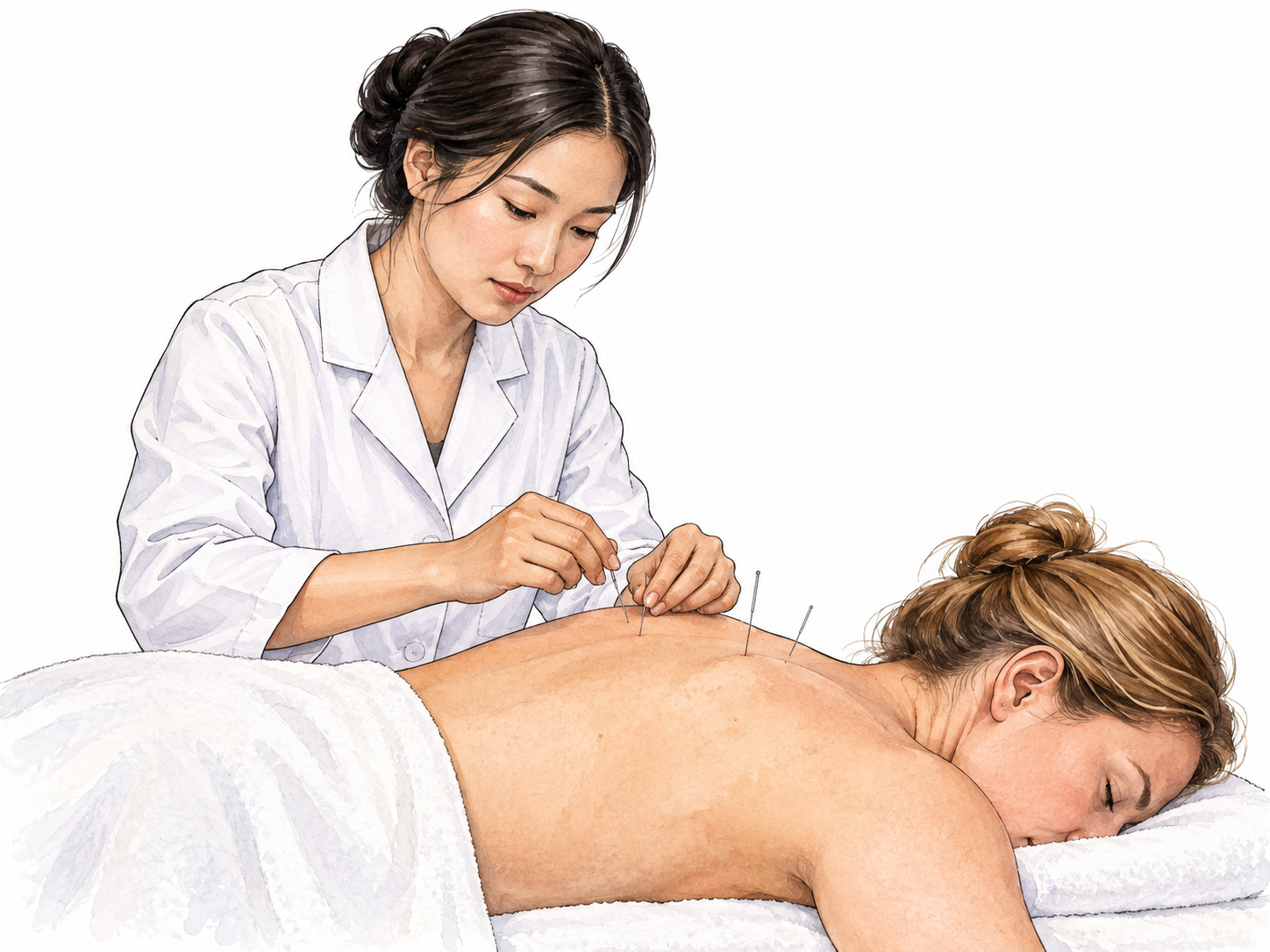East Asian practitioner attending a white adult patient during acupuncture.