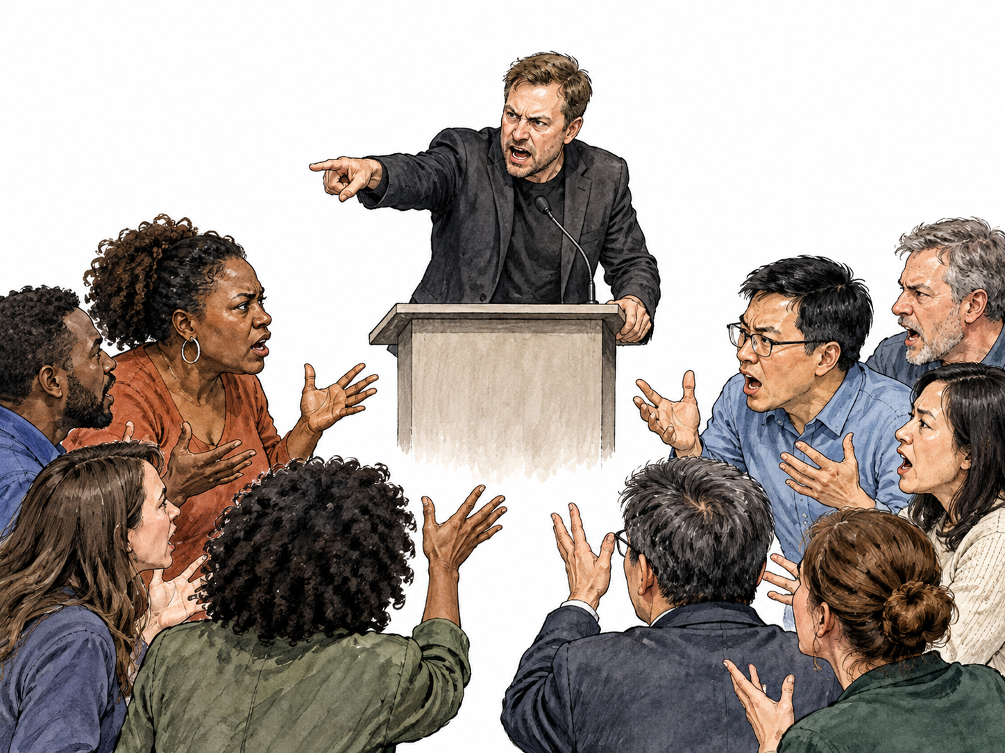 Provocative speaker sparks heated audience disagreement.