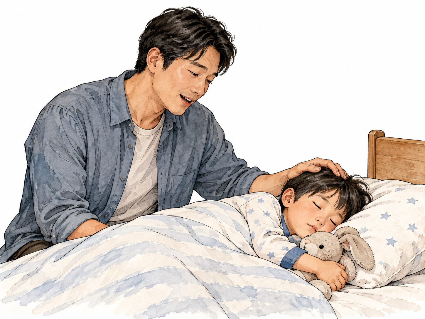 A parent softly sings beside a sleeping child's bed, tender calm expression.