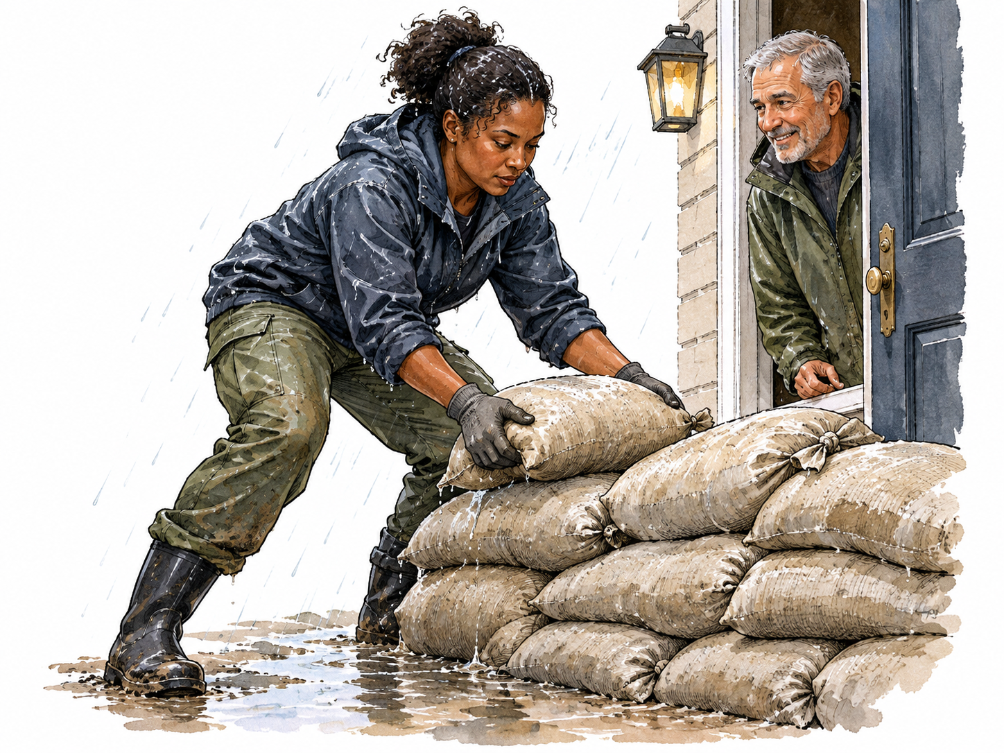 A dependable volunteer keeps stacking sandbags in rain while helping protect a neighbor's doorway.