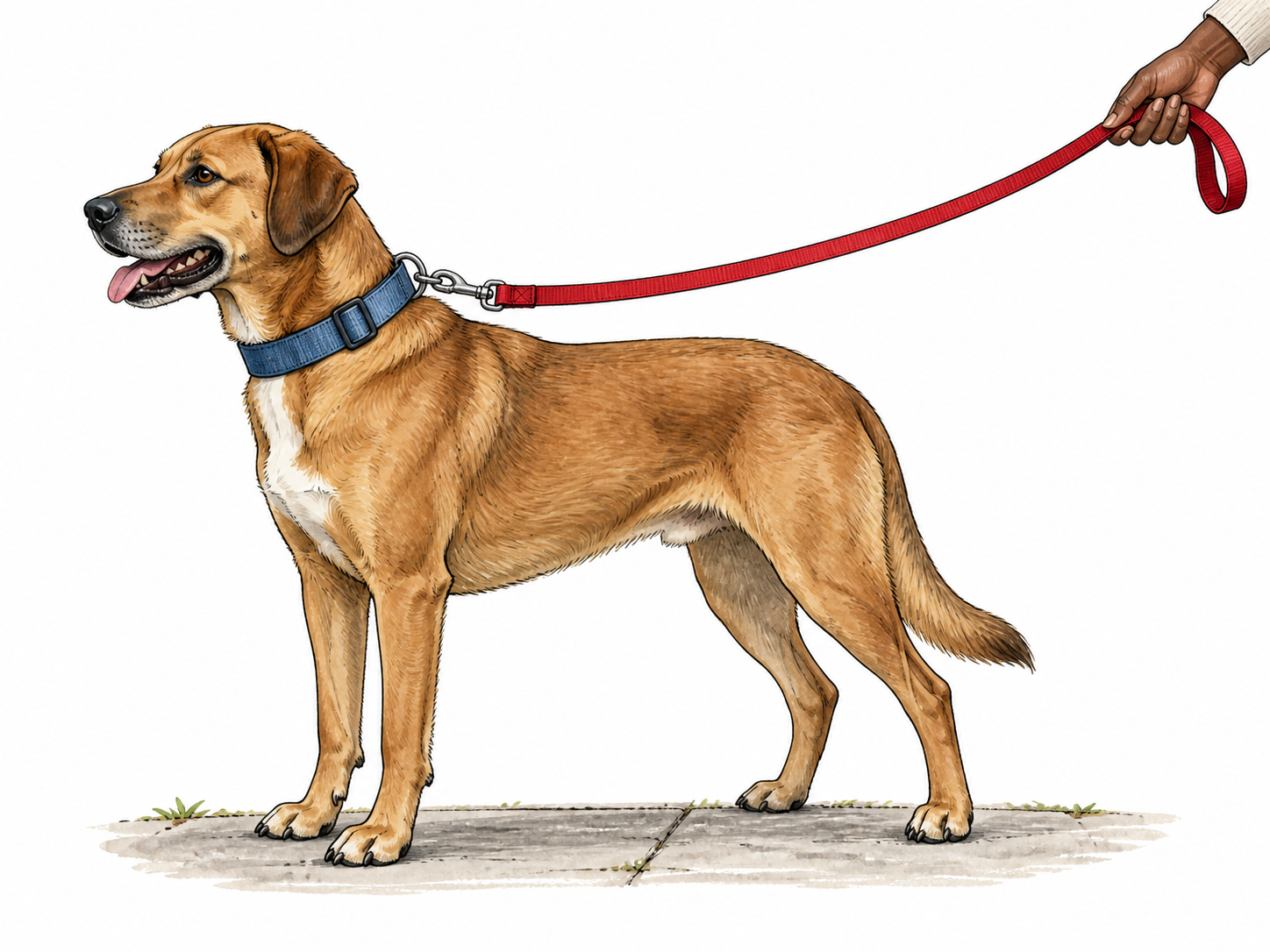 Dog secured by a clearly connected leash.