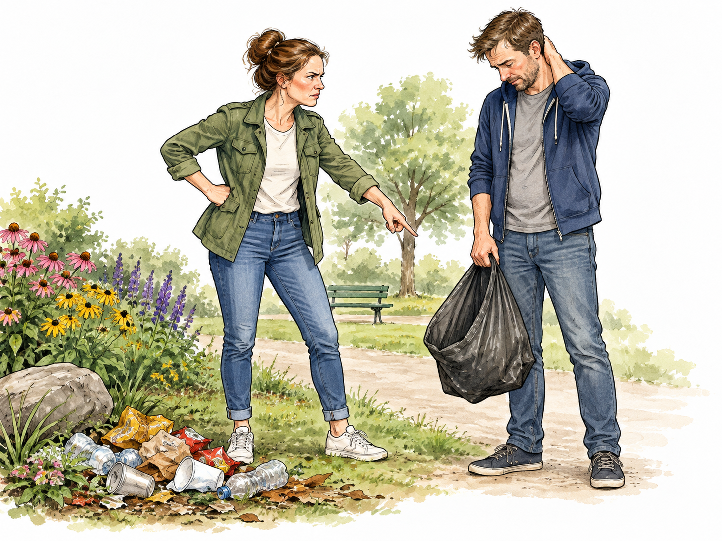 Woman strongly disapproves of dumping rubbish.