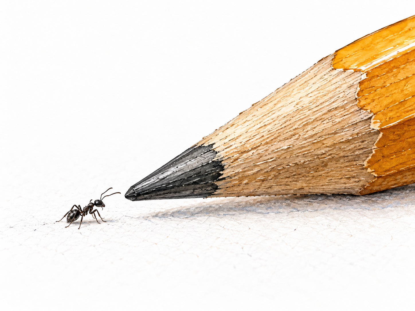 Tiny ant beside a pencil tip.
