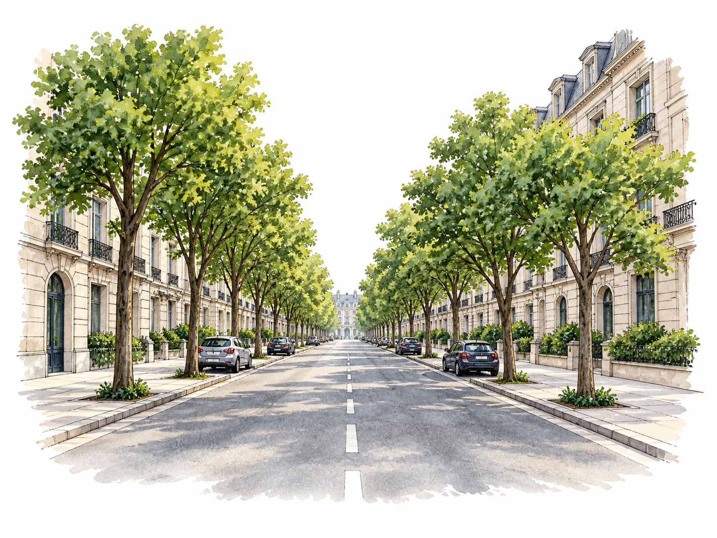 Broad tree-lined city avenue.