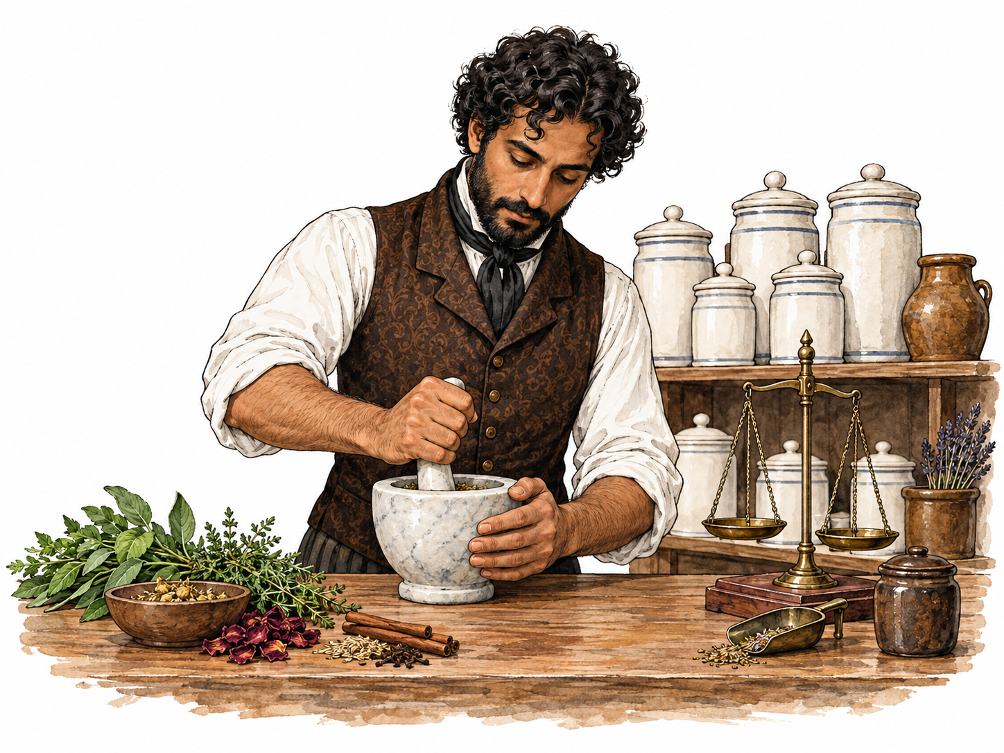 Historical pharmacist prepares ingredients with mortar and pestle.