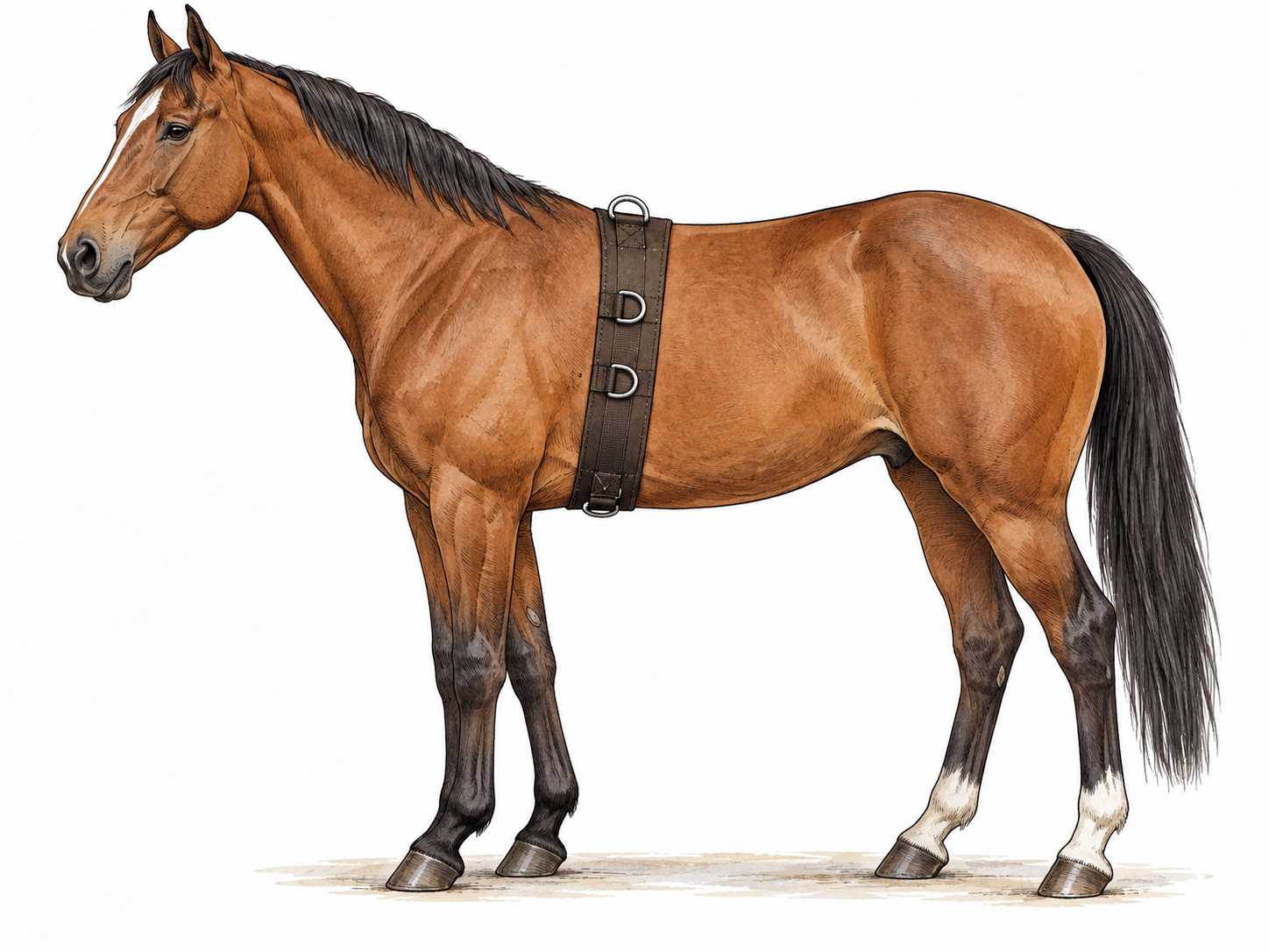 A correctly fitted broad surcingle passes around a horse's barrel just behind the forelegs, horse standing naturally in profile.