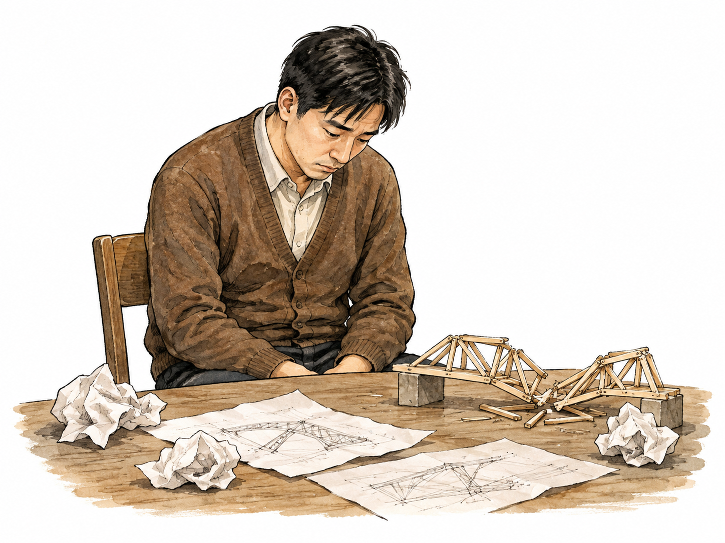 East Asian man withdrawn after failed bridge model.