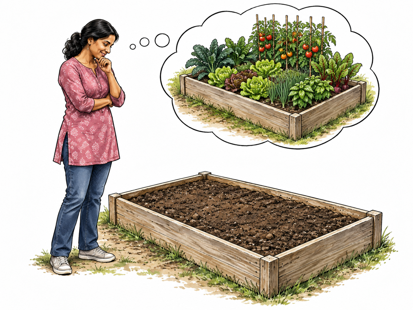 South Asian woman pictures planted garden in an empty bed.