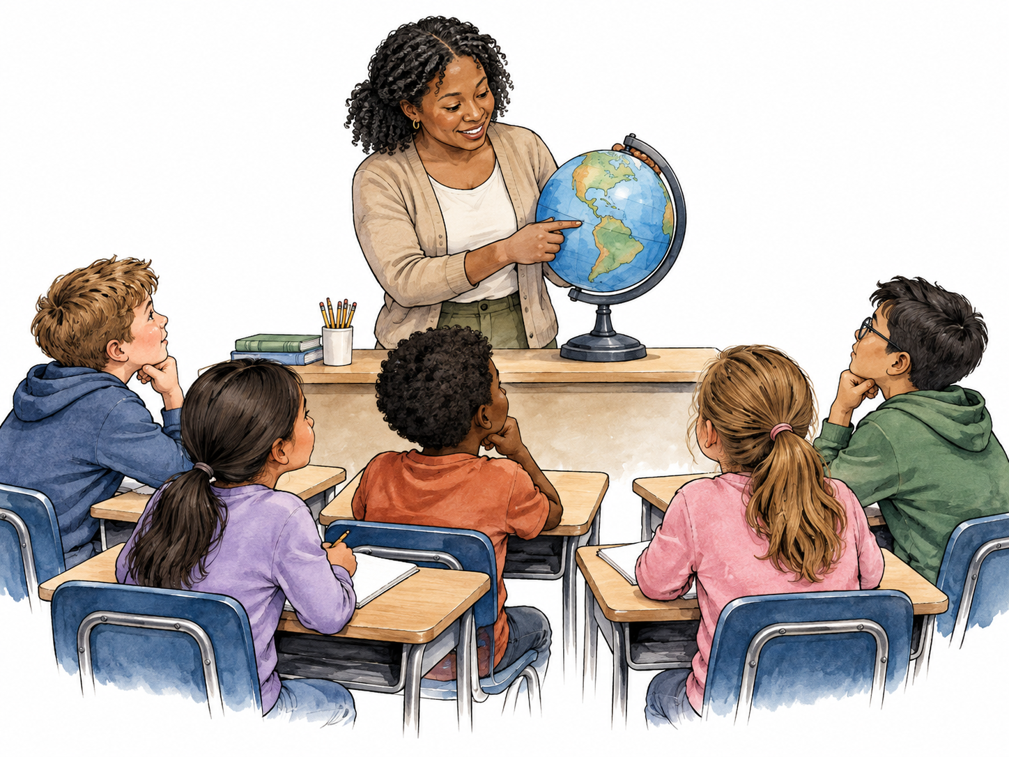 Five students taught together using a globe.