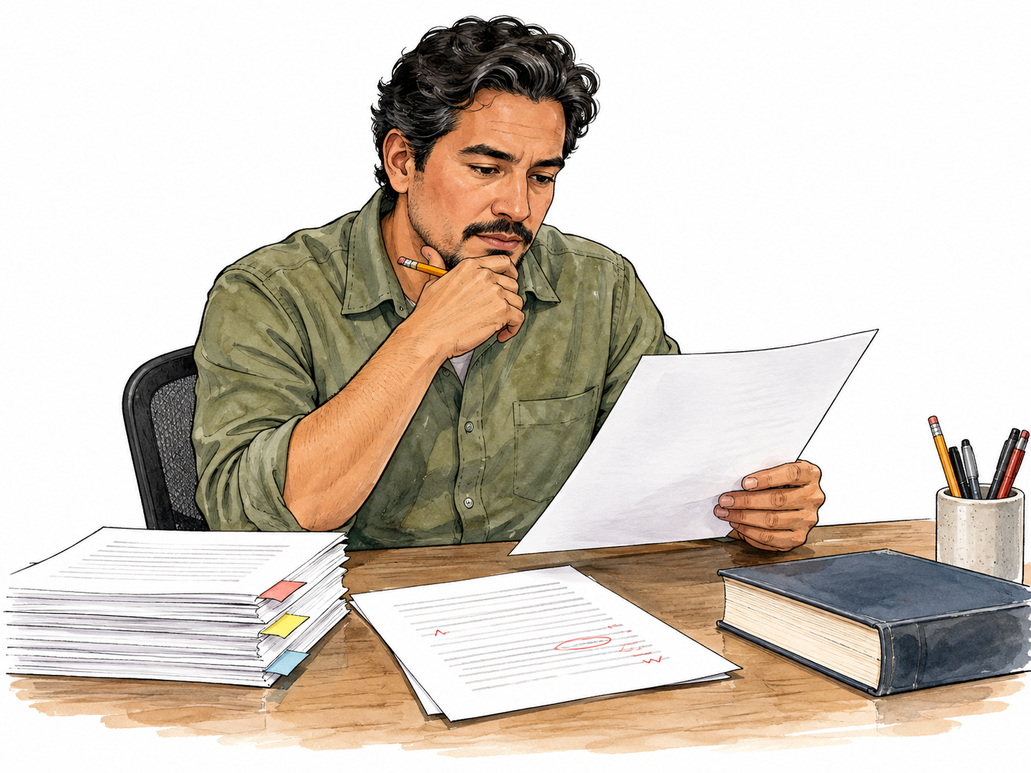 An editor studies manuscript pages at a desk with pencil, organized revised pages and reference book.