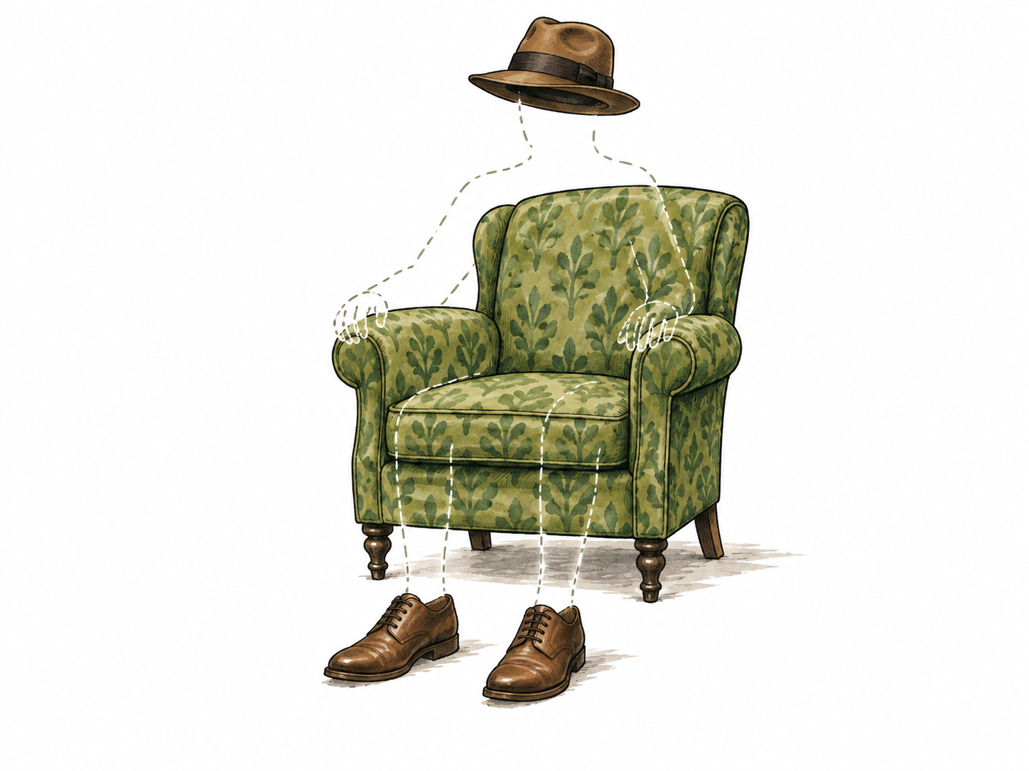 Invisible figure indicated by hat shoes and outline.