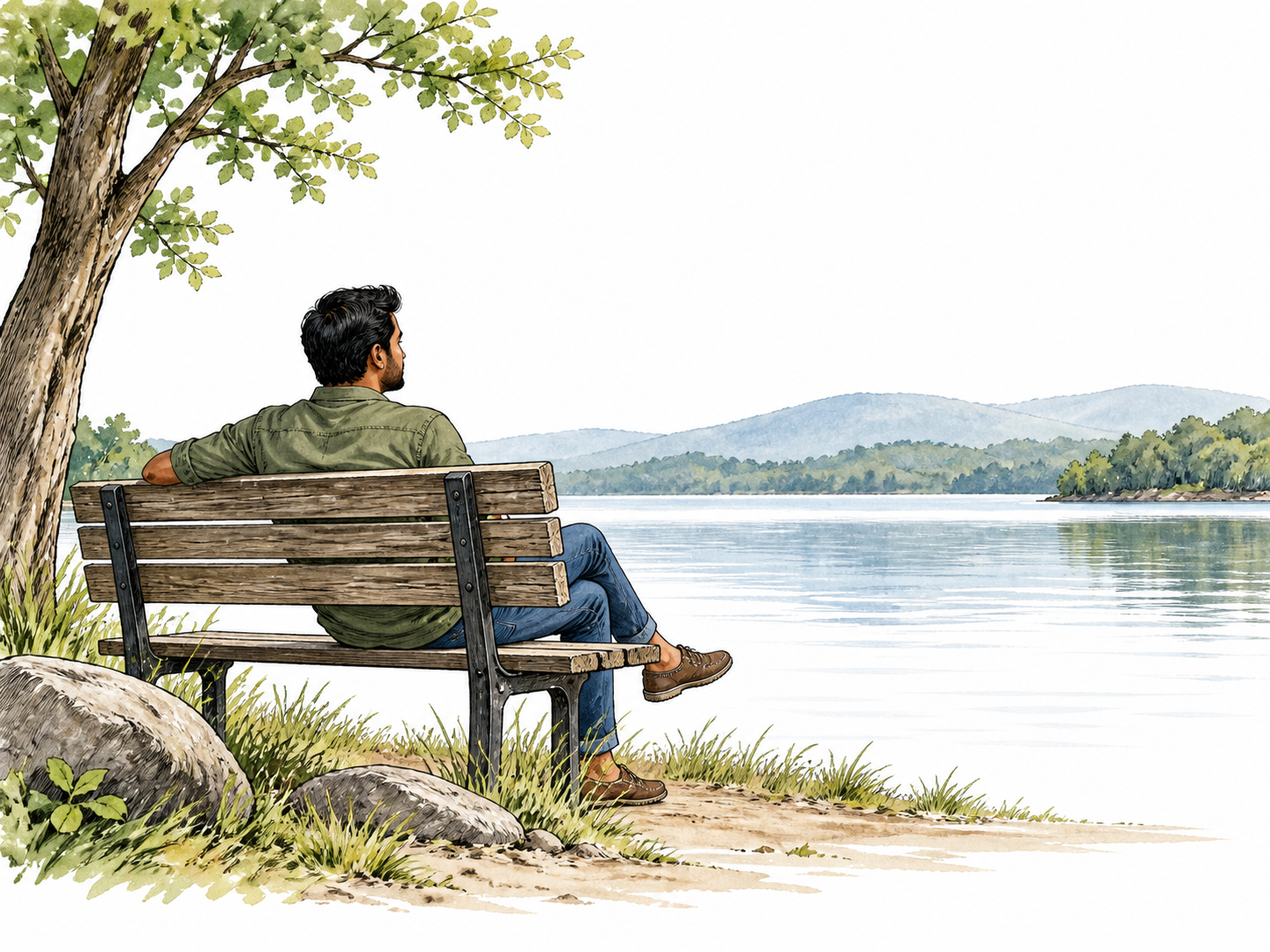 A single adult sits peacefully on a lakeside bench, broad quiet space around the sitter.